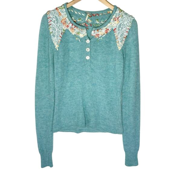 Free People Sweaters - FREE PEOPLE Y2K Women’s Embroidered Lace Trim Blue Wool Henley Sweater